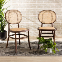Baxton Studio C19-Walnut-Beechwood/Rattan-DC Garold Mid-Century Modern Brown Woven Rattan and Walnut Brown Wood 2-Piece Cane Dining Chair Sett